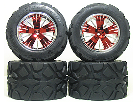 Traxxas Revo HPI Savage 21 /HPI Savage 25 /Traxxas Revo Ton Wheel & Tyre Set 40 Series - Wide Offset ( 2 Pairs ) - Red Color - 3RACING RE-043A/R4